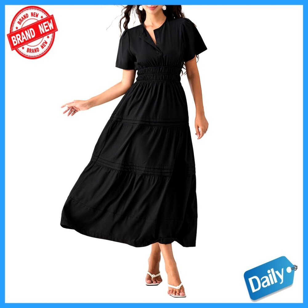 Short Sleeve V-Neck Smocked Maxi Dress with Pockets, Tiered Flowy